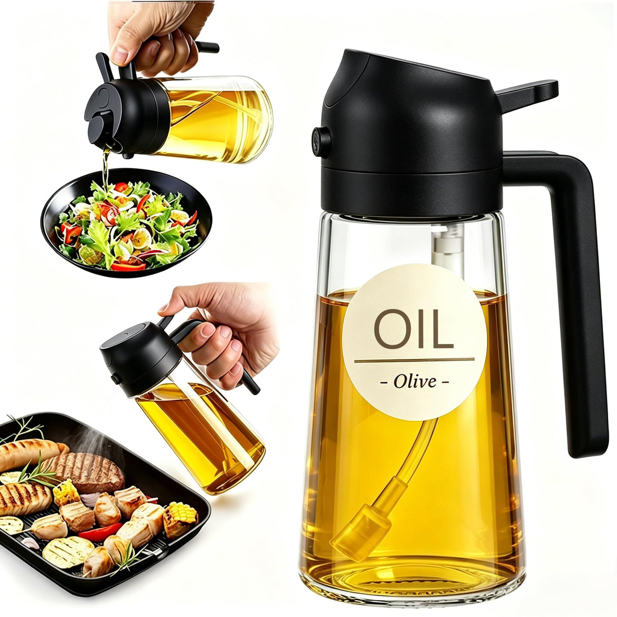 Pure Future 2-in-1 Olive Oil Sprayer for Cooking, Dispenser Bottle (Black)