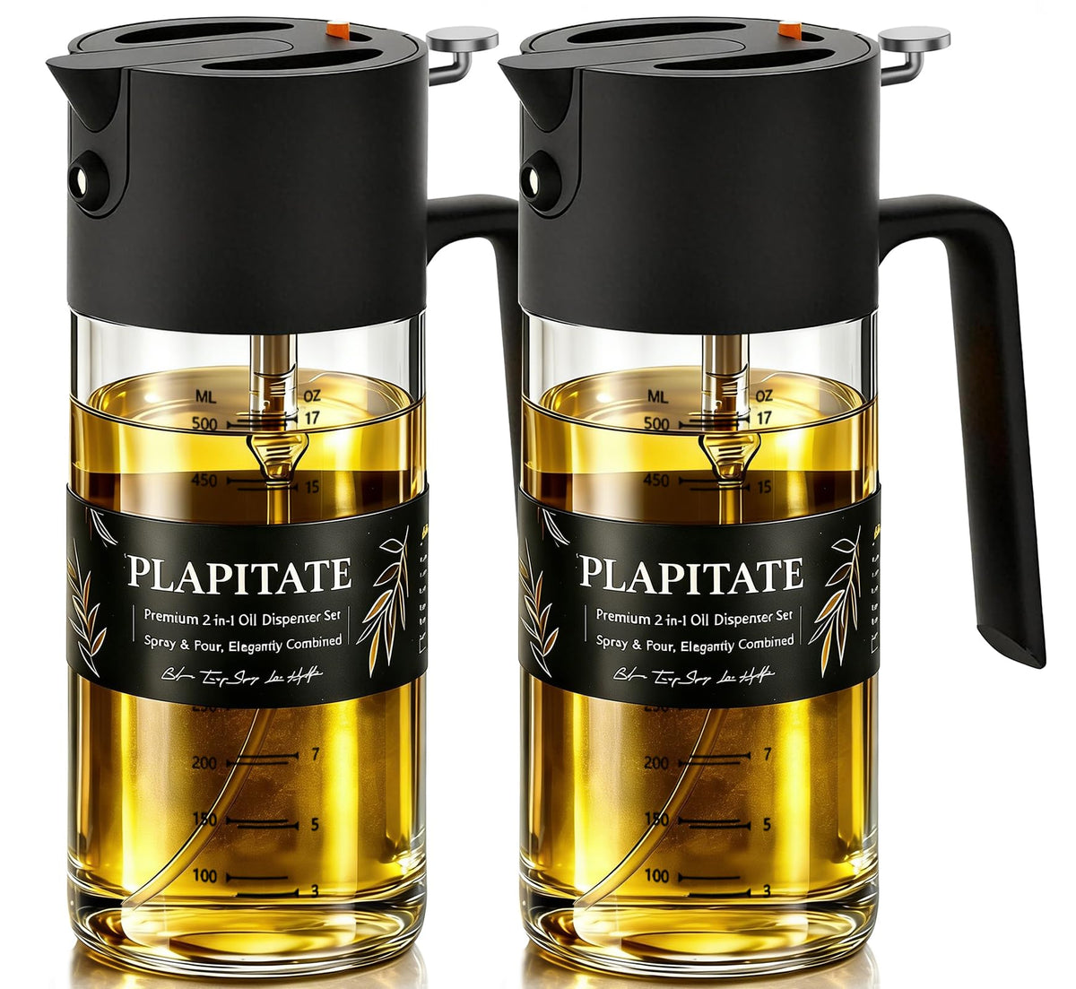 PLAPITATE 17oz/500ml Premium Olive Oil Sprayer for Cooking, 2 in 1 Glass Olive Oil Dispenser Bottle for Kitchen Gadgets, Spray Bottle with Portion Control for Salad, Frying, BBQ (Black)