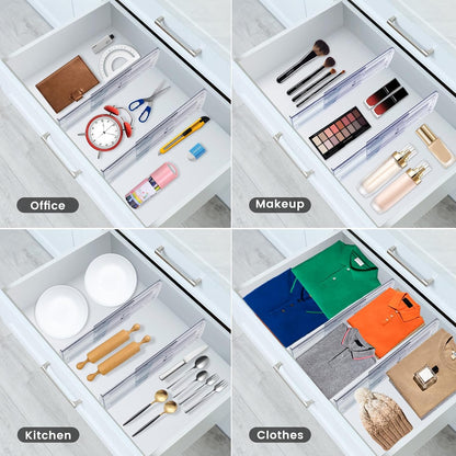 6 Pack Adjustable Drawer Dividers for Clothes,4" High Expandable From 13-21" Clear Drawer Organizers, PC Plastic Separators for Dresser/Bedroom/Bathroom/Kitchen/Office Storage