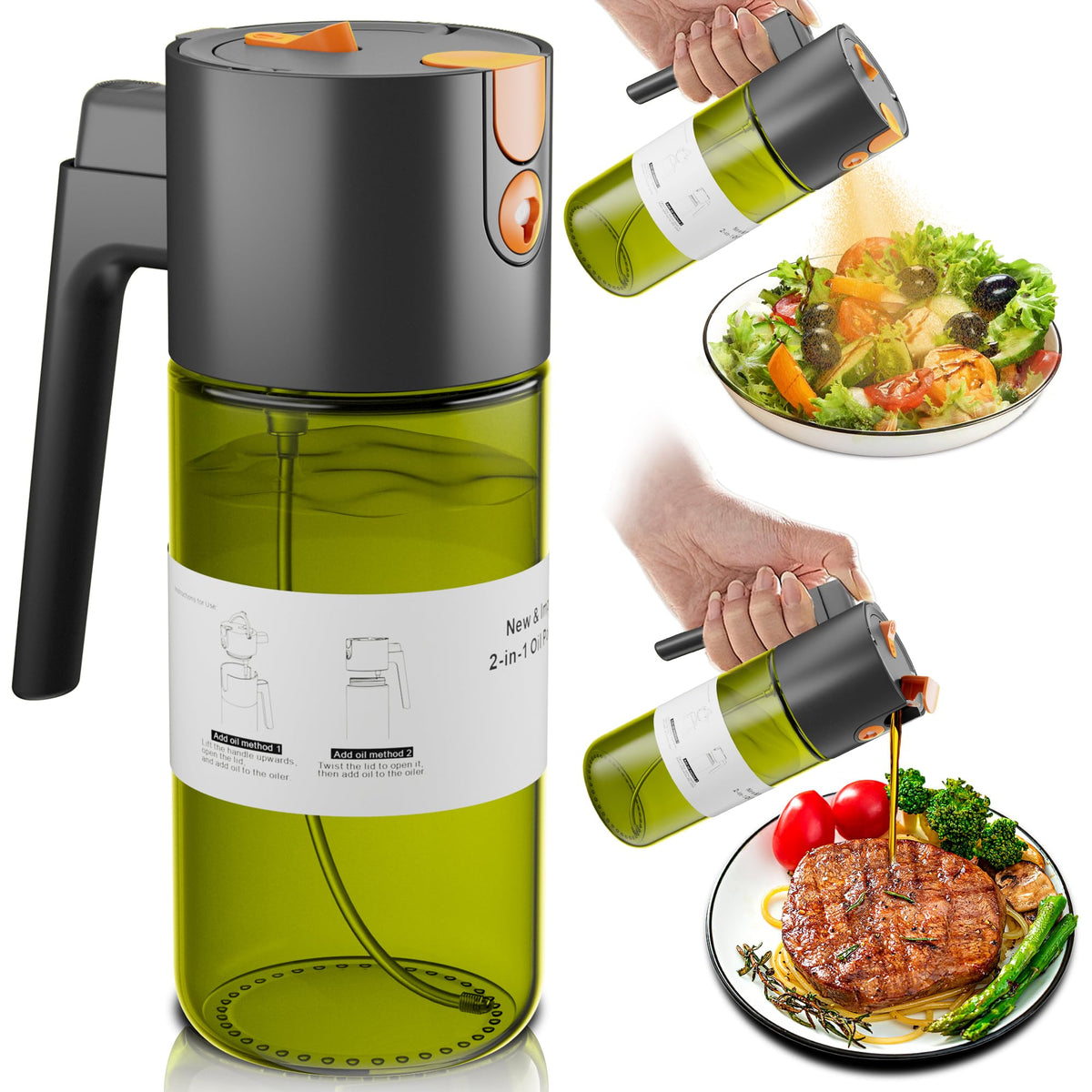 LAKUMIQI 2 in 1 Oil Sprayer & Dispenser, 17 oz Light-Blocking Glass Bottle