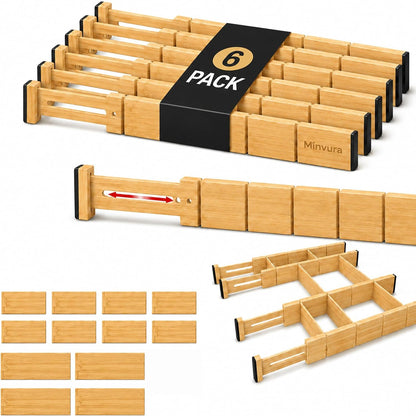 6 Pack Bamboo Drawer Dividers with 12 Inserts, Adjustable 17–22 Inch Expandable Drawer Organizer for Kitchen, Dresser & Closet, Bamboo Kitchen Drawer Organizer, Drawer Divider Set