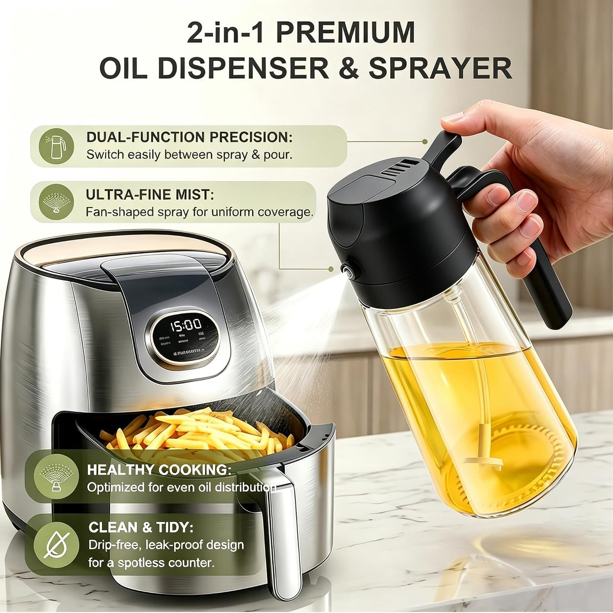 Pure Future 2-in-1 Olive Oil Sprayer for Cooking, Dispenser Bottle (Black)