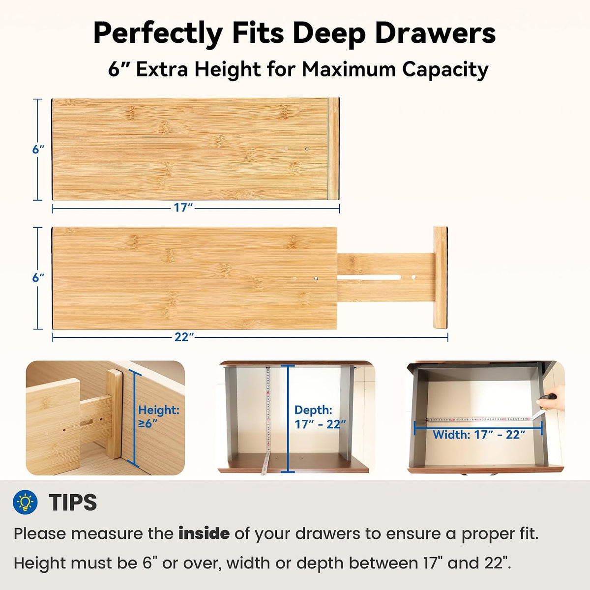 4 Pack 6" Deep Bamboo Drawer Dividers, 17-22" Expandable Kitchen Organizers