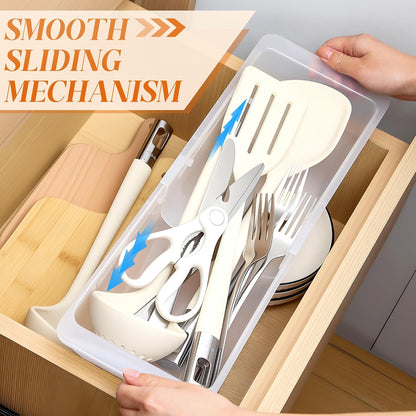 2 Pack Deep Drawer Organizer Bins, Adjustable Sliding Drawer Organizer Bin Expandable Tray for Kitchen Utensils, BBQ Tools, Towels, Durable Plastic Sliding for Easy Storage (12.4" to 18")