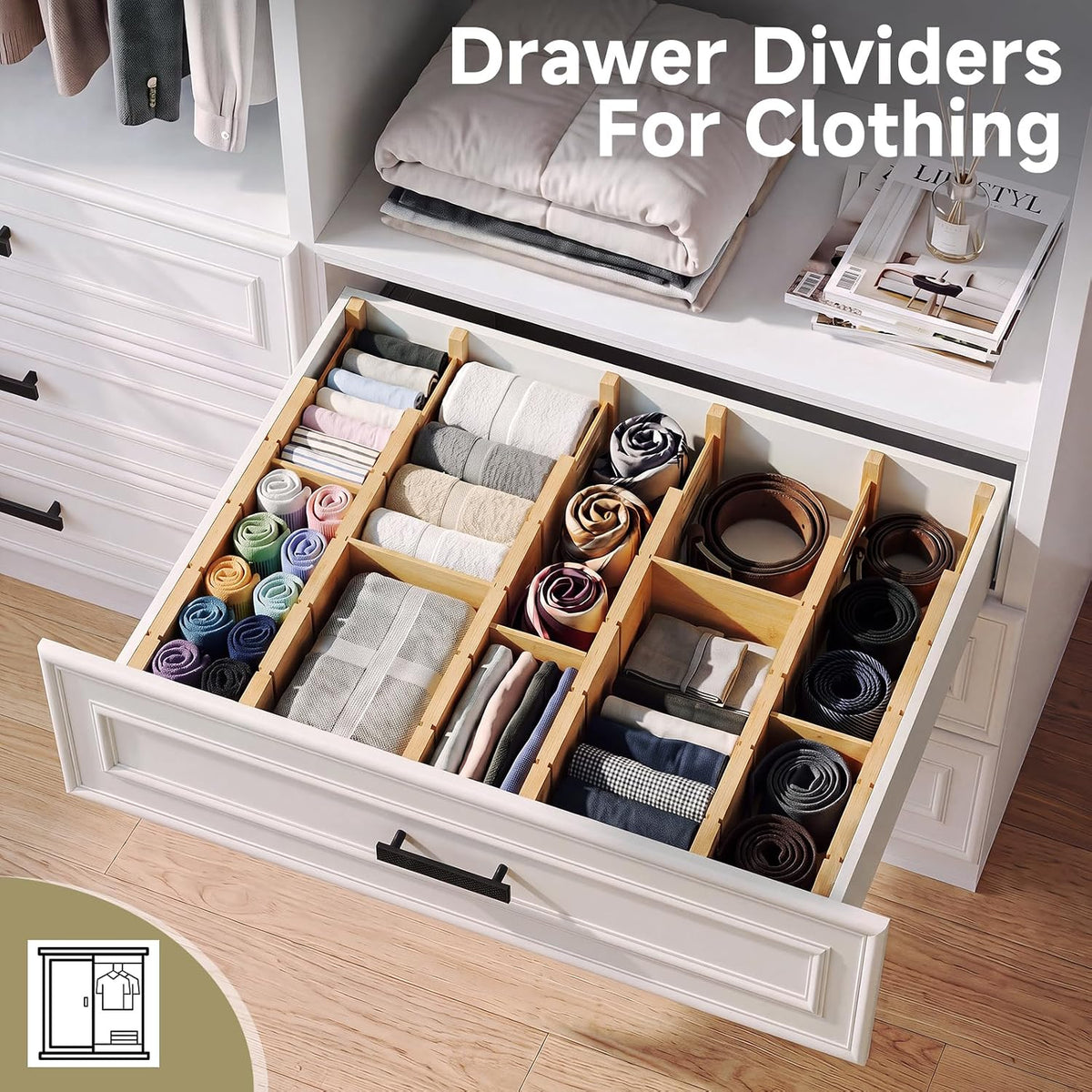Deep Drawer Dividers For Clothes,Expandable Drawer Organizer (6, Long)