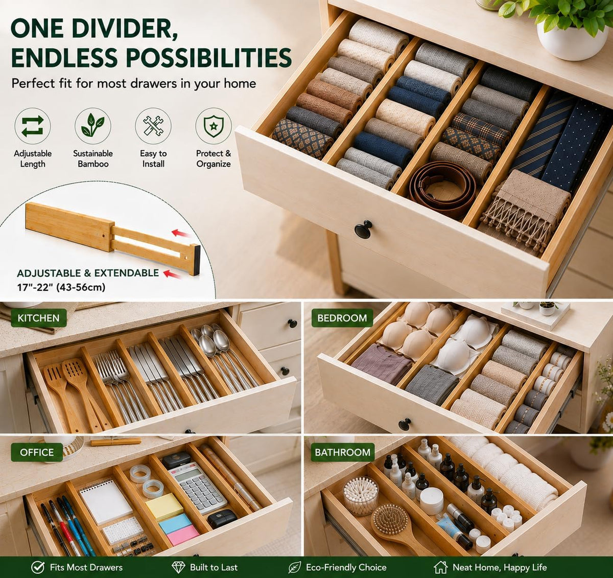 Lzerking Kitchen Drawer Dividers 6 Pack Bamboo Drawer Organizers