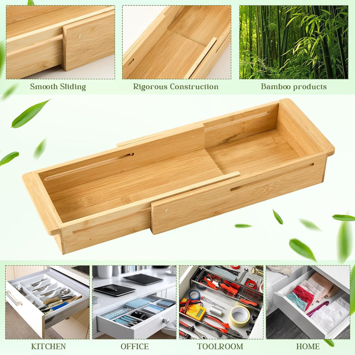 LemonRoad 1 Pcs Sliding Drawer Organizer Bamboo, Wood, 12.4-17.7 Inch