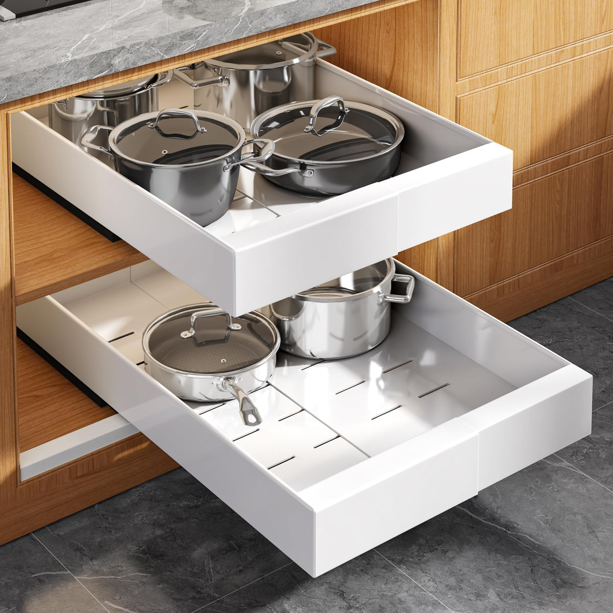 Seinloes 4Pack Expandable Pull Out Cabinet Organizer 21"Deep with Raising Pad for Framed Cabinets,Slide Out Drawers with 4pcs Divider Racks,Roll Out Shelves Adhesive,Adjustable Width 12.05"-20.4"White