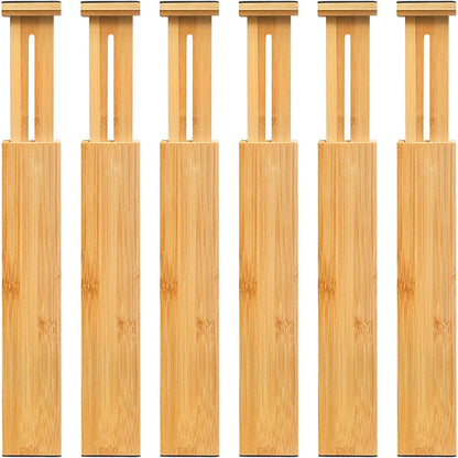 VaeFae 6-Pack Adjustable Bamboo Drawer Dividers, Expandable Drawer Organizer for Kitchen Utensils, Clothes, Bathroom, Office – Fits Drawer Interiors 16.6" to 21.8"