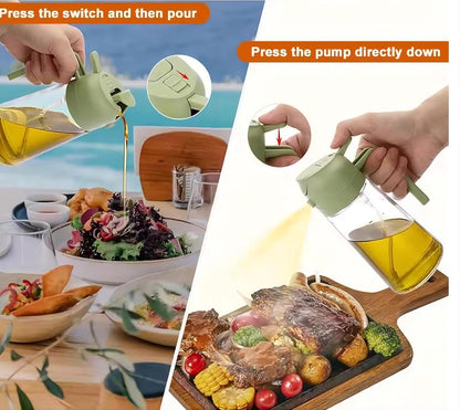 Olive Oil Sprayer 470ml Glass Bottle, 2-in-1 Oil Dispenser & Fine Mist Spray for Cooking, Air Fryer, Salad, BBQ, Refillable & Leakproof (Green)