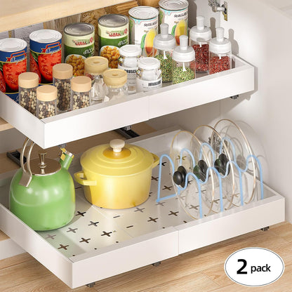 Delamu 16" Deep Pull Out Cabinet Organizer with 6 Dividers, Expandable (11.7 "-20" W) Pull Out Drawers for Cabinets, Cabinet Trays Pull Out for Cabinets in Kitchen, Pantry or Bathroom, White, 2 Pack