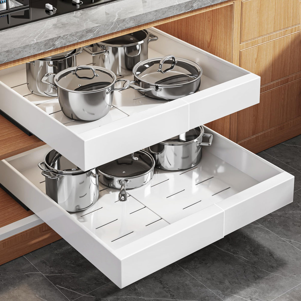 Seinloes 4Pack Expandable Pull Out Cabinet Organizer 21"Deep with Raising Pad for Framed Cabinets,Slide Out Drawers with 4pcs Divider Racks,Roll Out Shelves Adhesive,Adjustable Width 12.05"-20.4"White