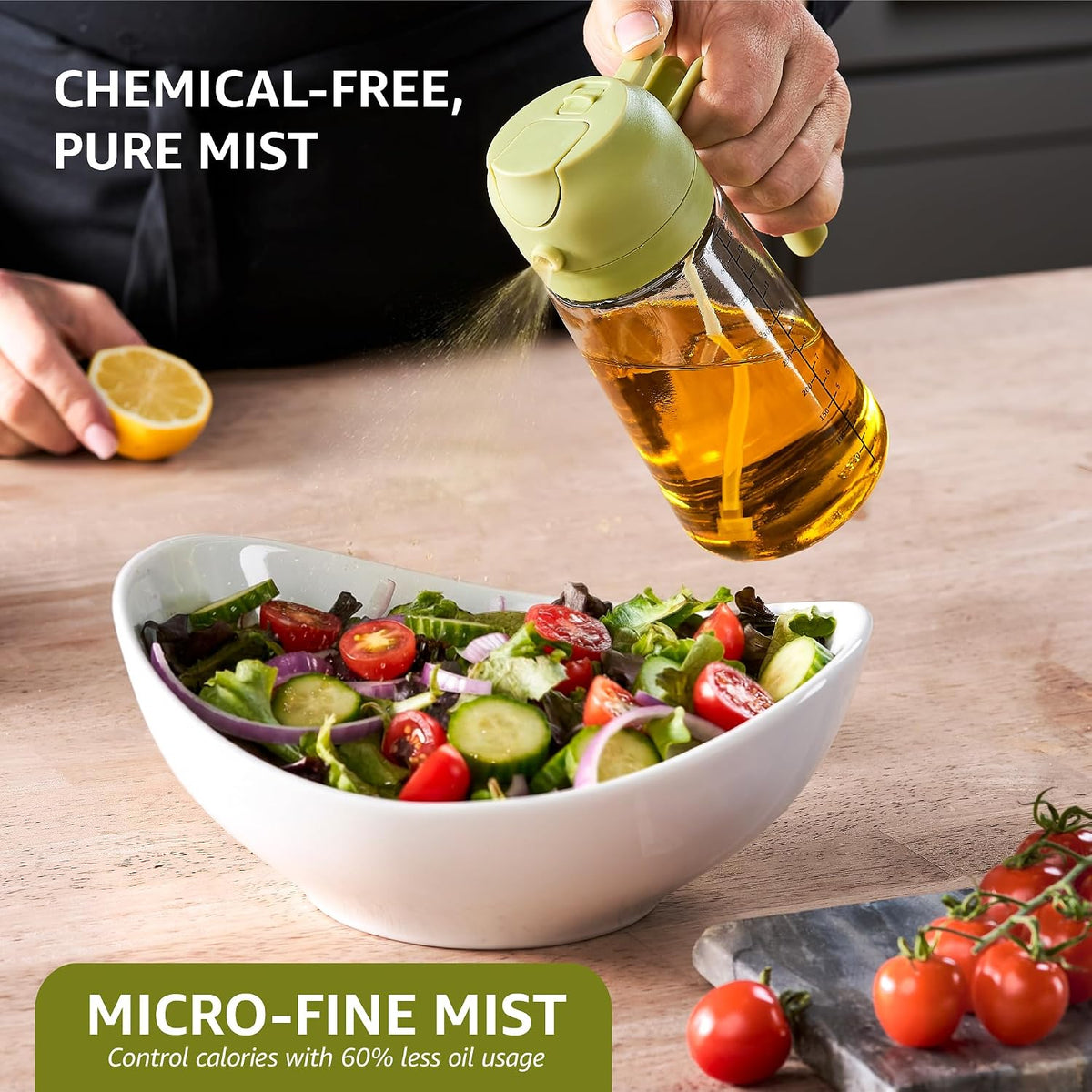 FineDine 16 oz Glass Olive Oil Sprayer for Cooking, Oil Dispenser, Green