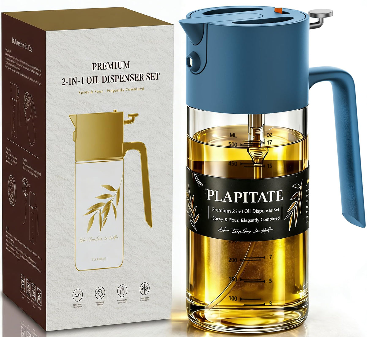 PLAPITATE 17oz/500ml Premium Olive Oil Sprayer for Cooking, 2 in 1 Glass Olive Oil Dispenser Bottle for Kitchen Gadgets, Spray Bottle with Portion Control for Salad, Frying, BBQ (Black)