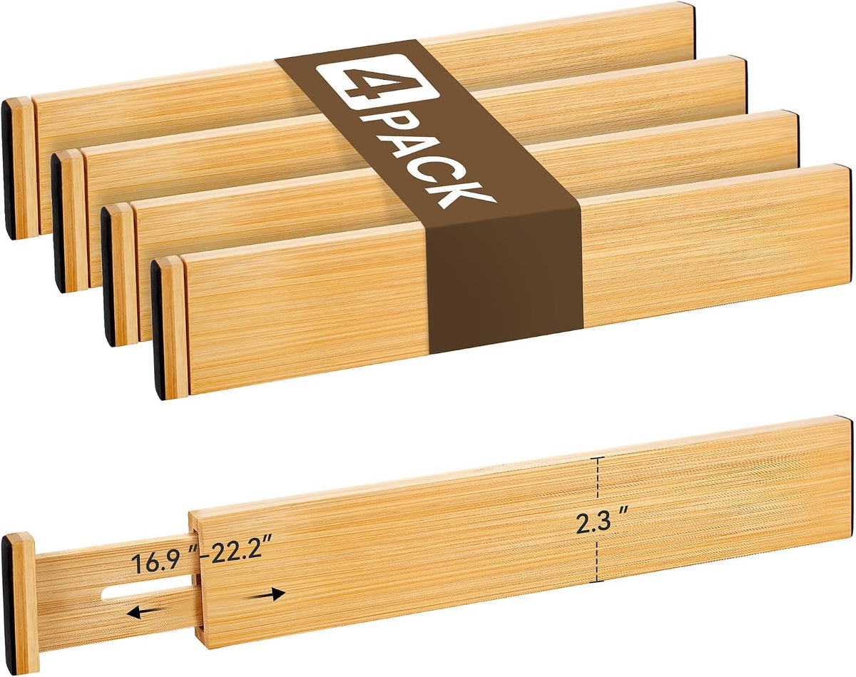 Adjustable Bamboo Drawer Dividers of 4, Expandable Organizers (16.9"-22.2")