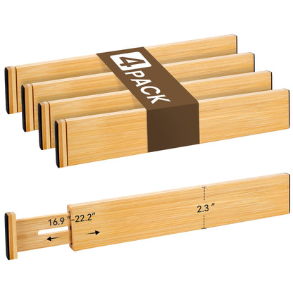 Adjustable Bamboo Drawer Dividers of 4, Expandable Organizers (16.9"-22.2")