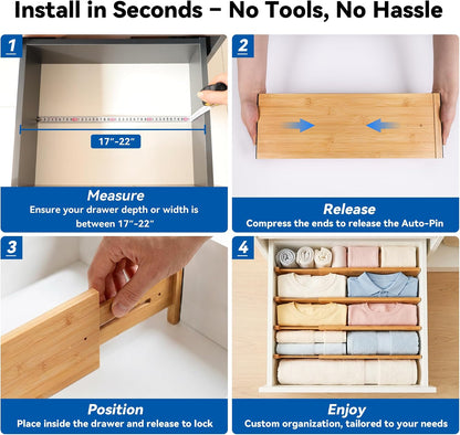4 Pack 6" Deep Bamboo Drawer Dividers, 17-22" Expandable Kitchen Organizers