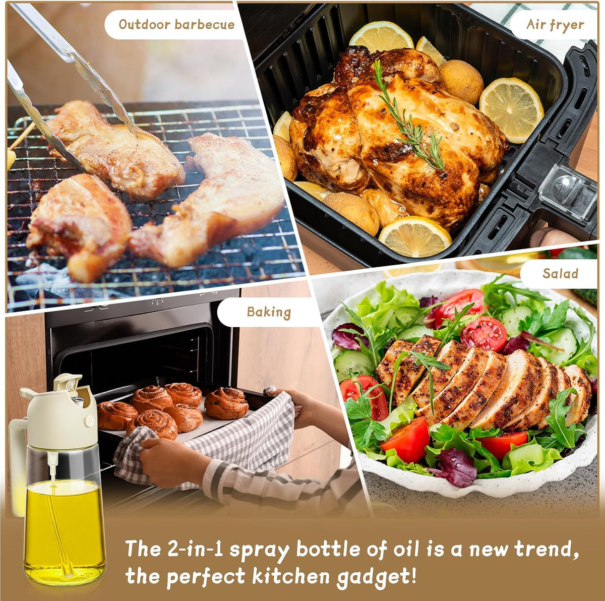 Oil Sprayer for Cooking 2pcs,2 in 1 Oil Dispenser and Oils Sprayer Kitchen Gadgets-16oz Glass Oils Spray Bottle,Mist Olive OilDispenser,Air Fryer,Salad,Grill (White Kitchen Accessories)