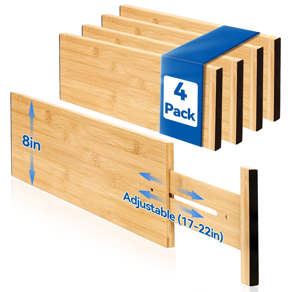 4 Pack 6" Deep Bamboo Drawer Dividers, 17-22" Expandable Kitchen Organizers