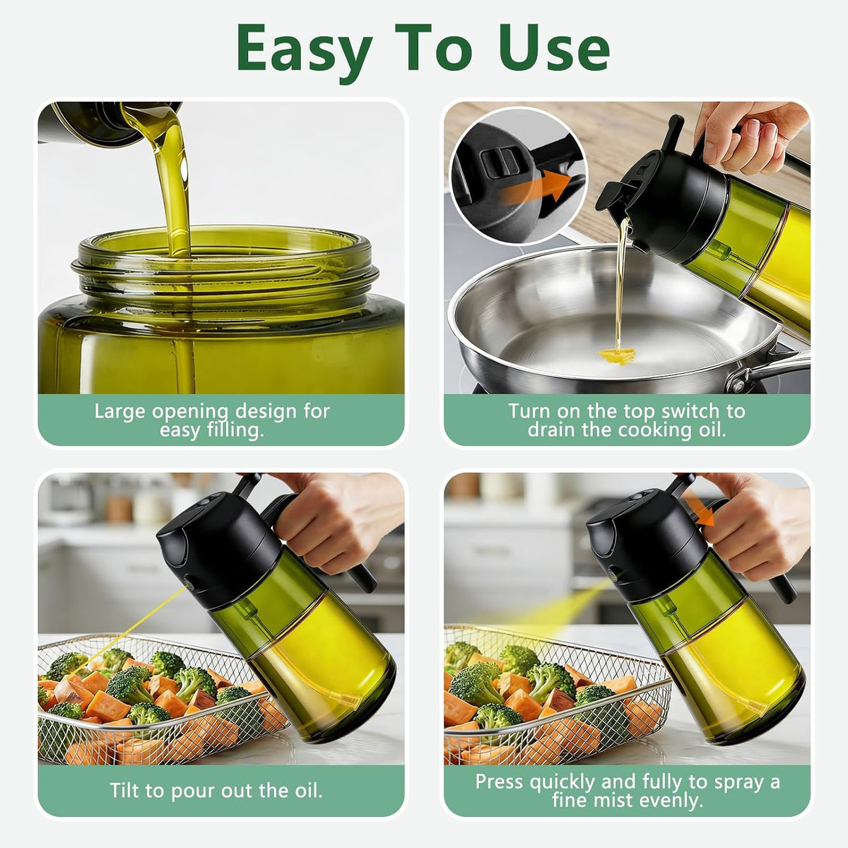 Olive Oil Sprayer & Dispenser Bottle for Cooking, Air Fryer, BBQ, and Salad – 2-in-1 Oil Mister Kitchen Accessory (Black)