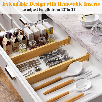 Bamboo Drawer Dividers, 12-21 Inch Kitchen Adjustable Drawer Organizers