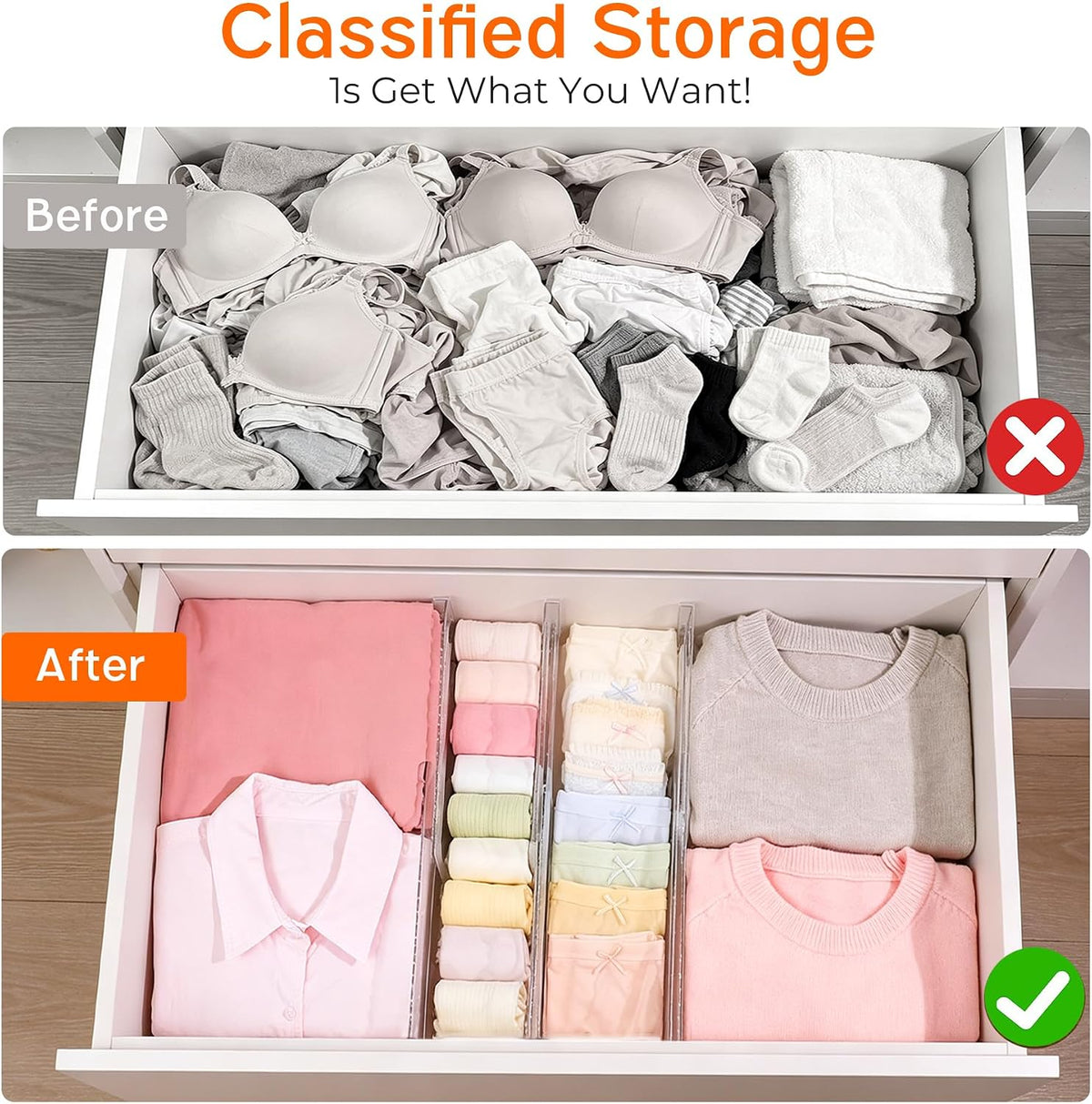4 Pack 4" High Drawer Dividers for Clothes, 10.2"-16.5" Expandable