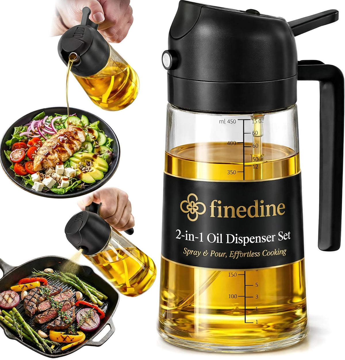 FineDine 16 oz Glass Olive Oil Sprayer for Cooking, Oil Dispenser, Black