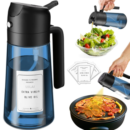 USLAI Oil Sprayer for Cooking, 16oz/470ml 2-in-1 Glass Bottle, Black Black