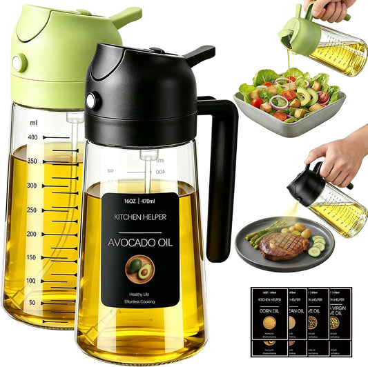 Poshetion 2 in 1 Olive Oil Sprayer for Cooking, 16oz Oil Dispenser for Kitchen, Leak-Proof Oil Spray Bottle for Air Fryer, Salad, BBQ, Baking, Grilling - Black & Green