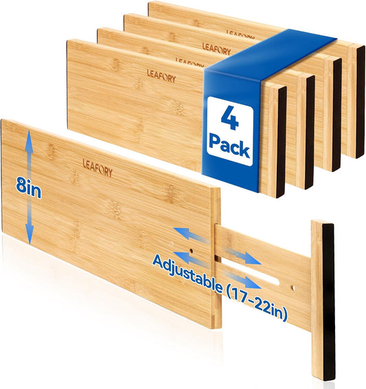 4 Pack 8" Deep Bamboo Drawer Dividers, 17-22" Expandable Kitchen Organizers