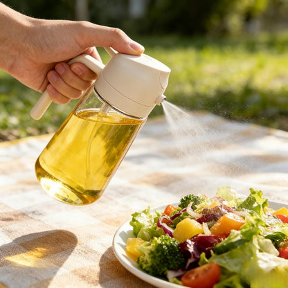 ZHIYE Oil Spray Bottle for Cooking, 16oz/470ml 2 in 1 Olive Oil Dispenser Sprayer for Kitchen Premium Clear Glass Oil Bottle for Cooking, Air Fryer, BBQ, Salad, Beige
