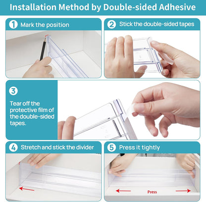 Vtopmart Drawer Dividers Organizers 8 Pack, Adjustable 3.2" High Expandable from 12.2-21.4" Kitchen Drawer Organizer, Clear Plastic Drawers Separators for Clothing, Installed by Double-sided Tape