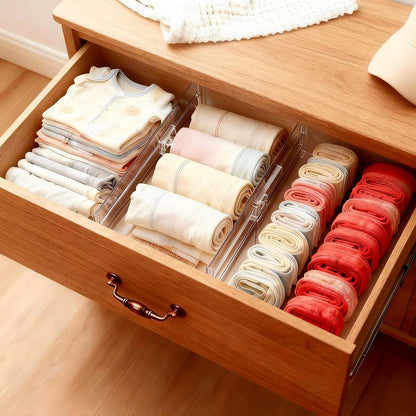 Kcysta 6 Pack Adjustable Drawer Dividers - 4" High Clear Expandable Dresser Organizers 10"-17" Length, Transparent Drawer Separators for Clothes, Underwear, Cosmetics & Kitchen Utensils Storage