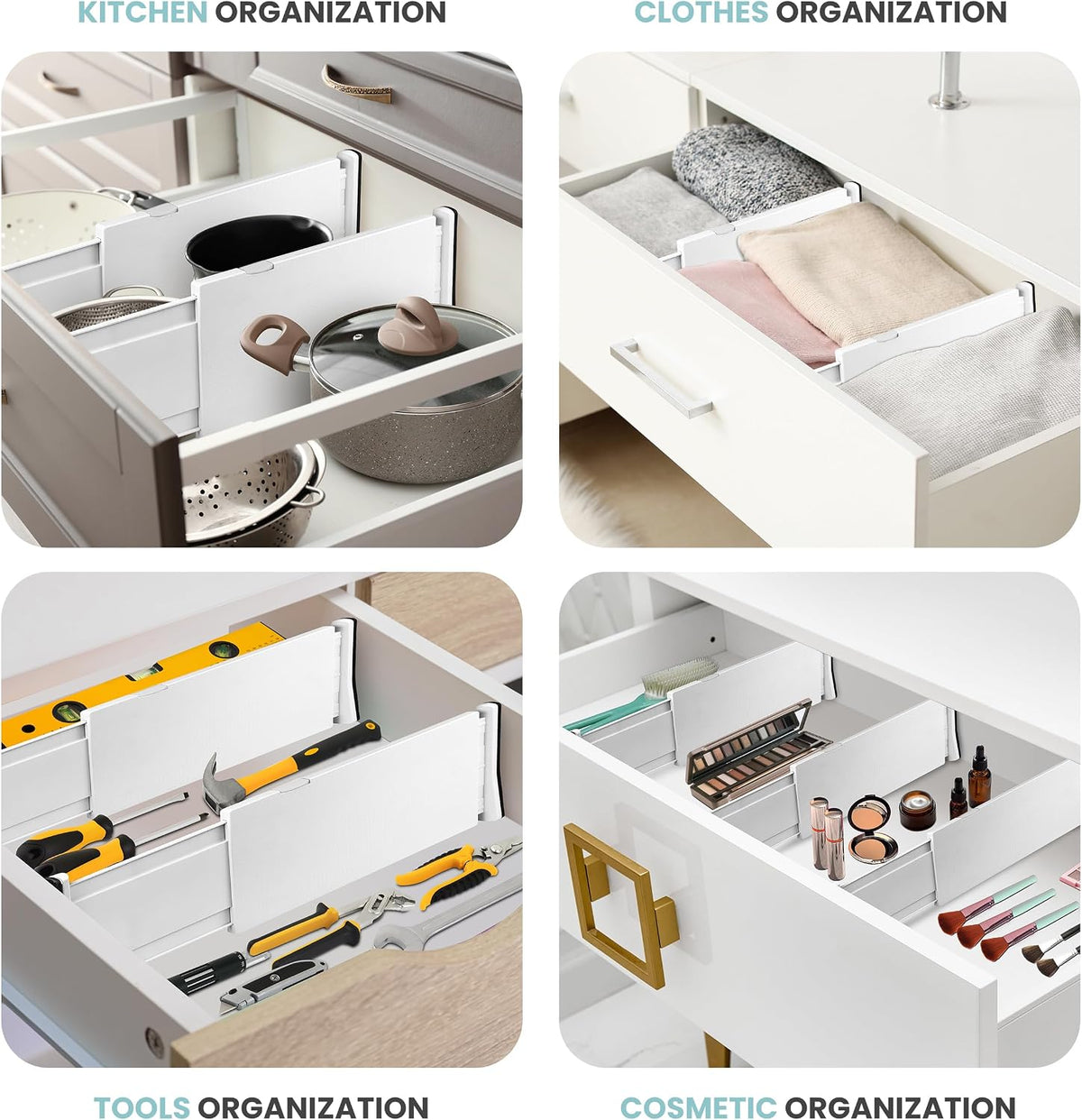 RAPTUROUS White Expandable Drawer Dividers (8" Tall, 13"-22" Long, 4 Pack - White)
