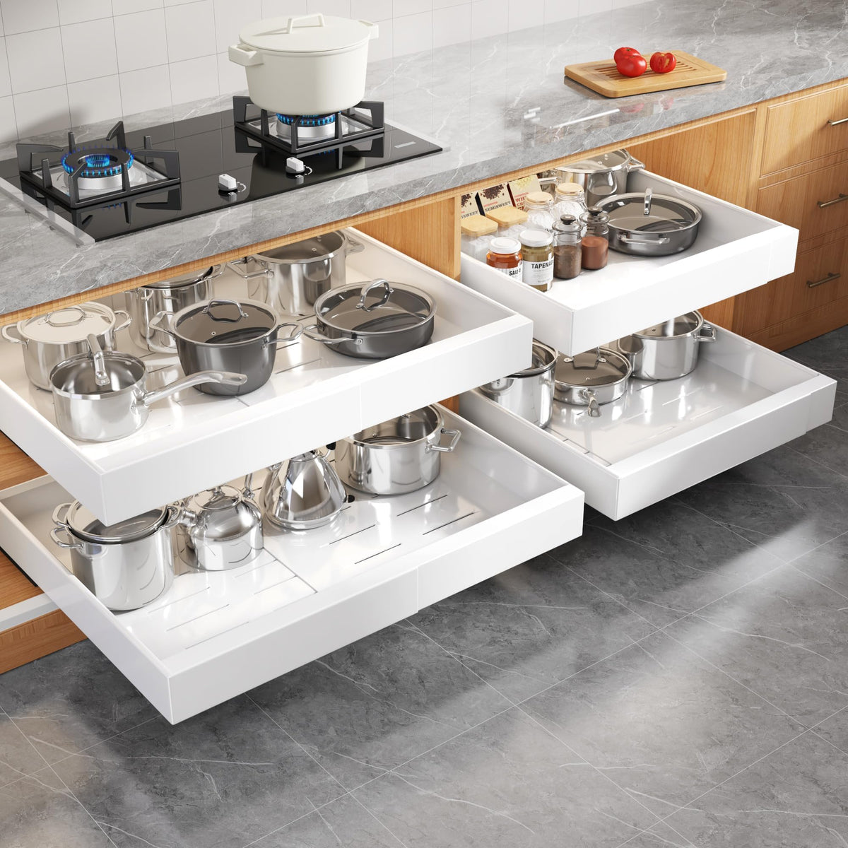 Seinloes 4Pack Expandable Pull Out Cabinet Organizer 21"Deep with Raising Pad for Framed Cabinets,Slide Out Drawers with 4pcs Divider Racks,Roll Out Shelves Adhesive,Adjustable Width 12.05"-20.4"White