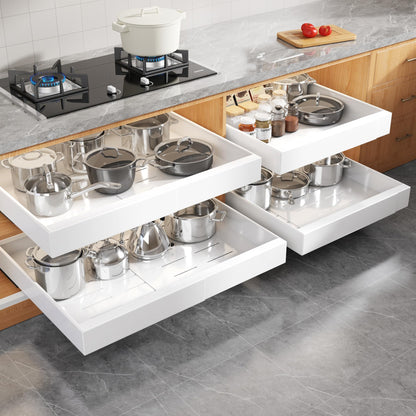 Seinloes 4Pack Expandable Pull Out Cabinet Organizer 21"Deep with Raising Pad for Framed Cabinets,Slide Out Drawers with 4pcs Divider Racks,Roll Out Shelves Adhesive,Adjustable Width 12.05"-20.4"White