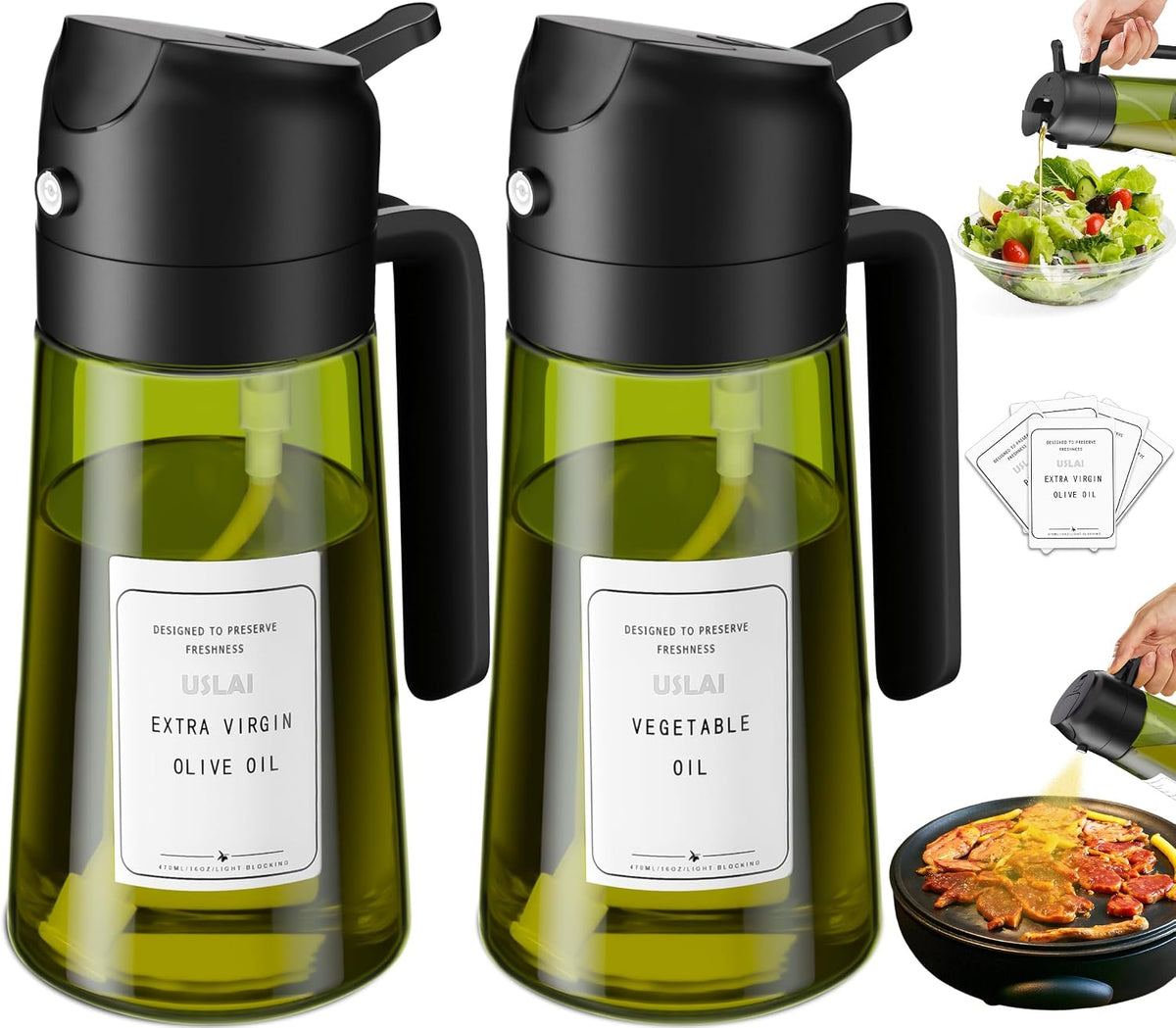 USLAI Oil Sprayer for Cooking, 16oz/470ml 2-in-1 Glass Bottle, Black Black