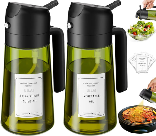 USLAI Oil Sprayer for Cooking, 16oz/470ml 2-in-1 Glass Bottle, Black Black