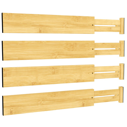 BAMEOS Bamboo Expandable Drawer Dividers – Fits 16.65"–22" Drawers, 4" Extra Deep Walls, Set of 4 | Maximum-Height Spring-Loaded Organizer for Deep Kitchen, Bathroom & Dresser Drawers