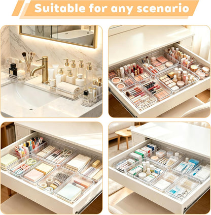 20PCS Clear Drawer Organizer Set, Expandable Acrylic Vanity Storage Bins, 2 Sizes Adjustable Plastic Junk Drawer Dividers, BPA-Free Non-Slip Stackable Organizers for Makeup, Bedroom, Office & Tools