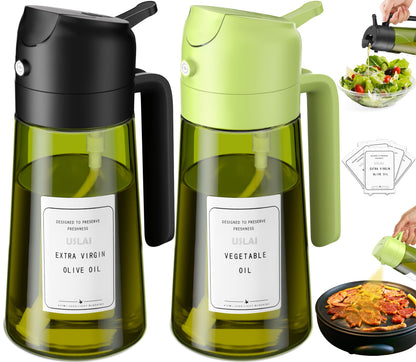 USLAI Oil Sprayer for Cooking, 16oz/470ml 2-in-1 Glass Bottle, Black Black