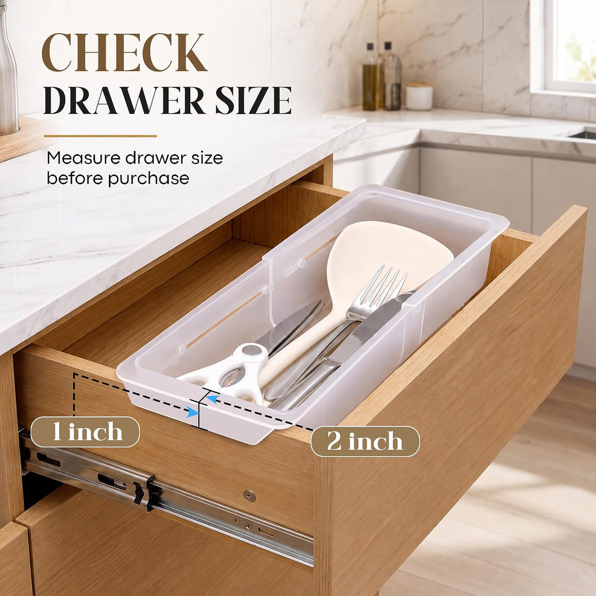 2 Pack Deep Drawer Organizer Bins, Adjustable Sliding Drawer Organizer Bin Expandable Tray for Kitchen Utensils, BBQ Tools, Towels, Durable Plastic Sliding for Easy Storage (12.4" to 18")