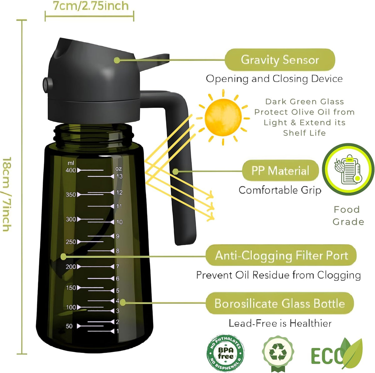 Glass Olive Oil Sprayer for Cooking 16oz/470ml – Dark-Green 2 in 1 Glass Oil Sprayer & Dispenser with Scale, Kitchen Gadgets & Air Fryer Accessories, Olive Oil Dispenser – Black