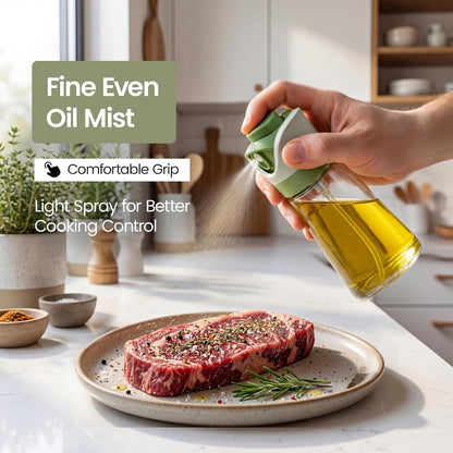 Olive Oil Dispenser for Kitchen | 2-in-1 Pour and Spray | 7.7 oz / 230 ml | Glass Olive Oil Sprayer for Cooking, Airfryer, Salad & BBQ | Set of 2 Bottles, Green