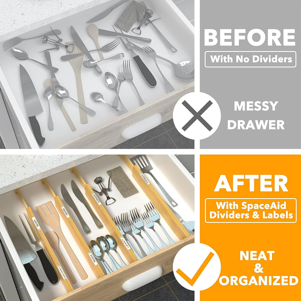 SpaceAid Bamboo Drawer Dividers with Labels, Kitchen Adjustable Drawer Organizers, Expandable Organization for Home, Office, Dressers and Bathroom, 6 Dividers (17-22 in)