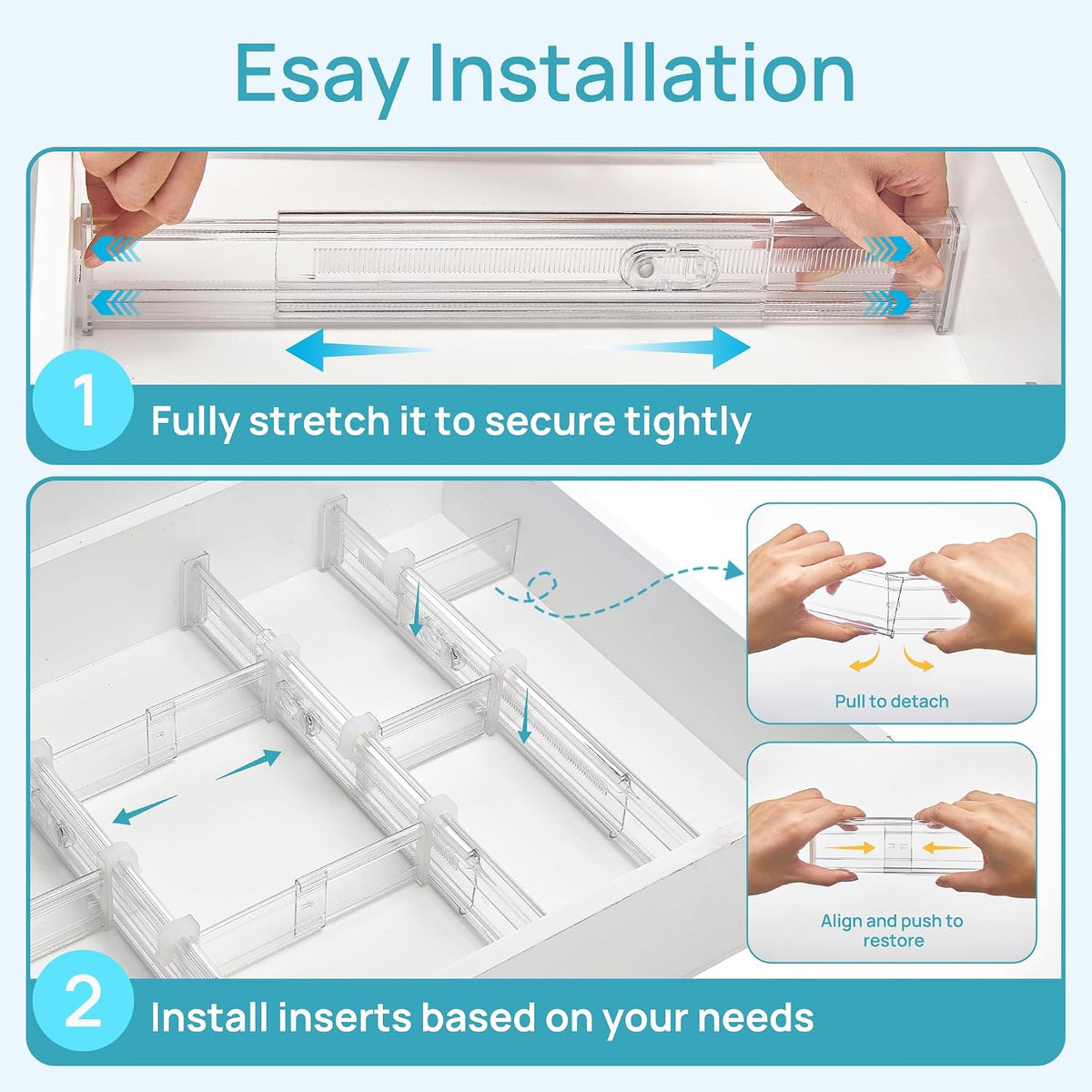 Vtopmart 2.36" Drawer Dividers with Expandable Inserts, 12.8"-22.3", 8 Pack