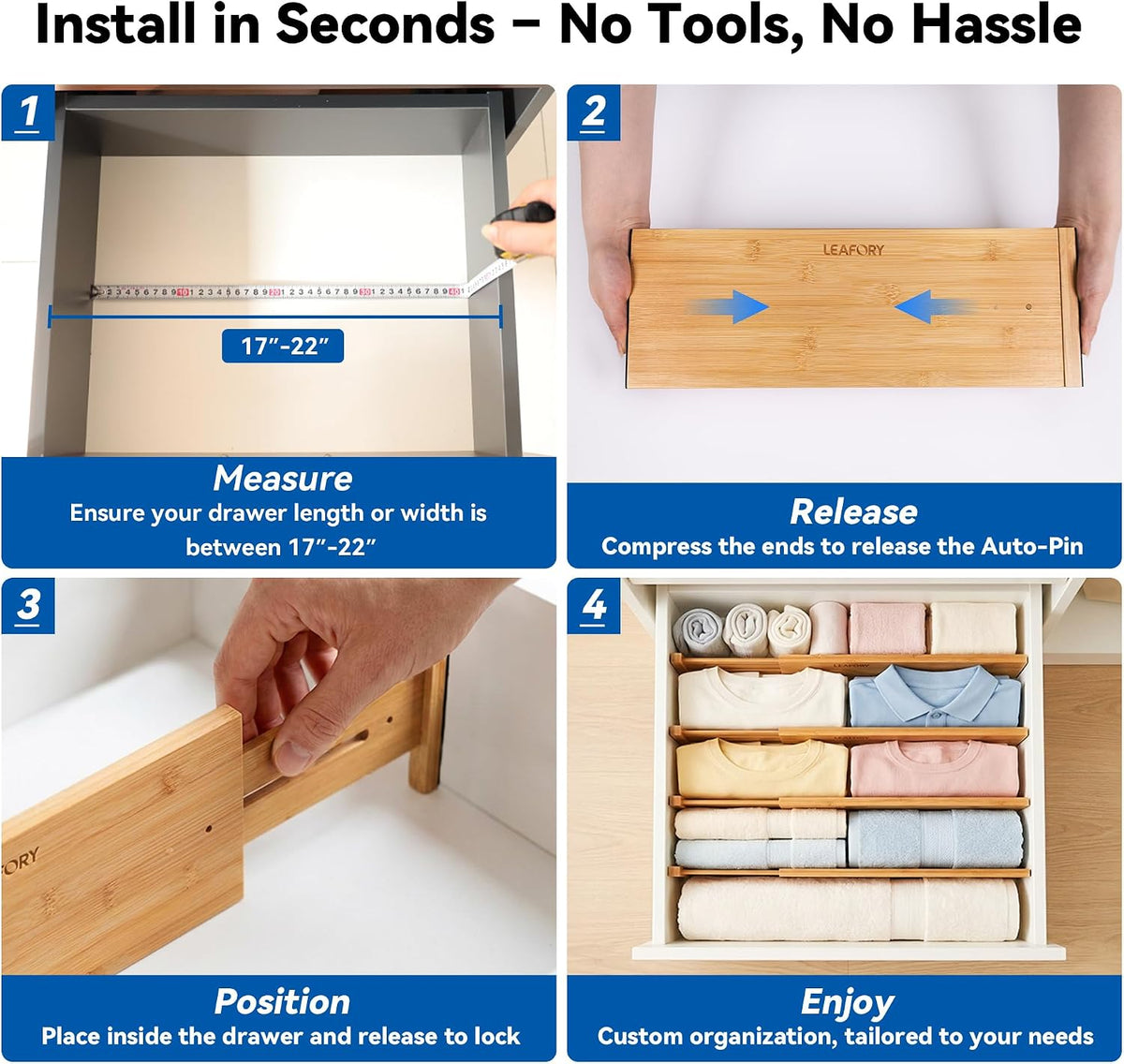4 Pack 8" Deep Bamboo Drawer Dividers, 17-22" Expandable Kitchen Organizers