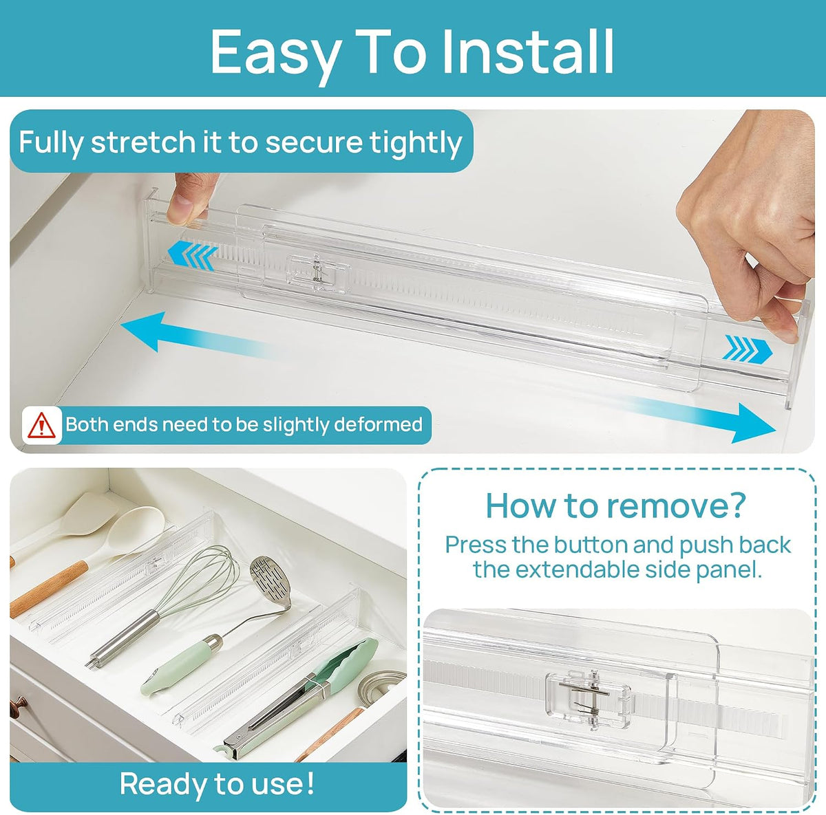 Vtopmart 4 Pack Shallow Drawer Dividers, 2.36" High 12.5"-20.8" Adjustable Expandable Kitchen Drawer Organizer, Clear Plastic Organizer Separators for Flatware, Utensil, Cutlery, Underwear, Clothes