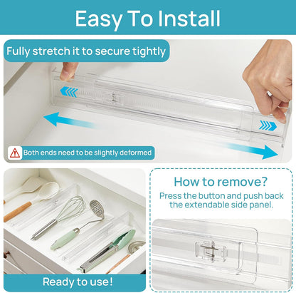 Vtopmart 4 Pack Shallow Drawer Dividers, 2.36" High 12.5"-20.8" Adjustable Expandable Kitchen Drawer Organizer, Clear Plastic Organizer Separators for Flatware, Utensil, Cutlery, Underwear, Clothes