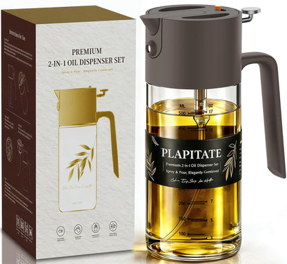 PLAPITATE 17oz/500ml Premium Olive Oil Sprayer for Cooking, 2 in 1 Glass Olive Oil Dispenser Bottle for Kitchen Gadgets, Spray Bottle with Portion Control for Salad, Frying, BBQ (Black)